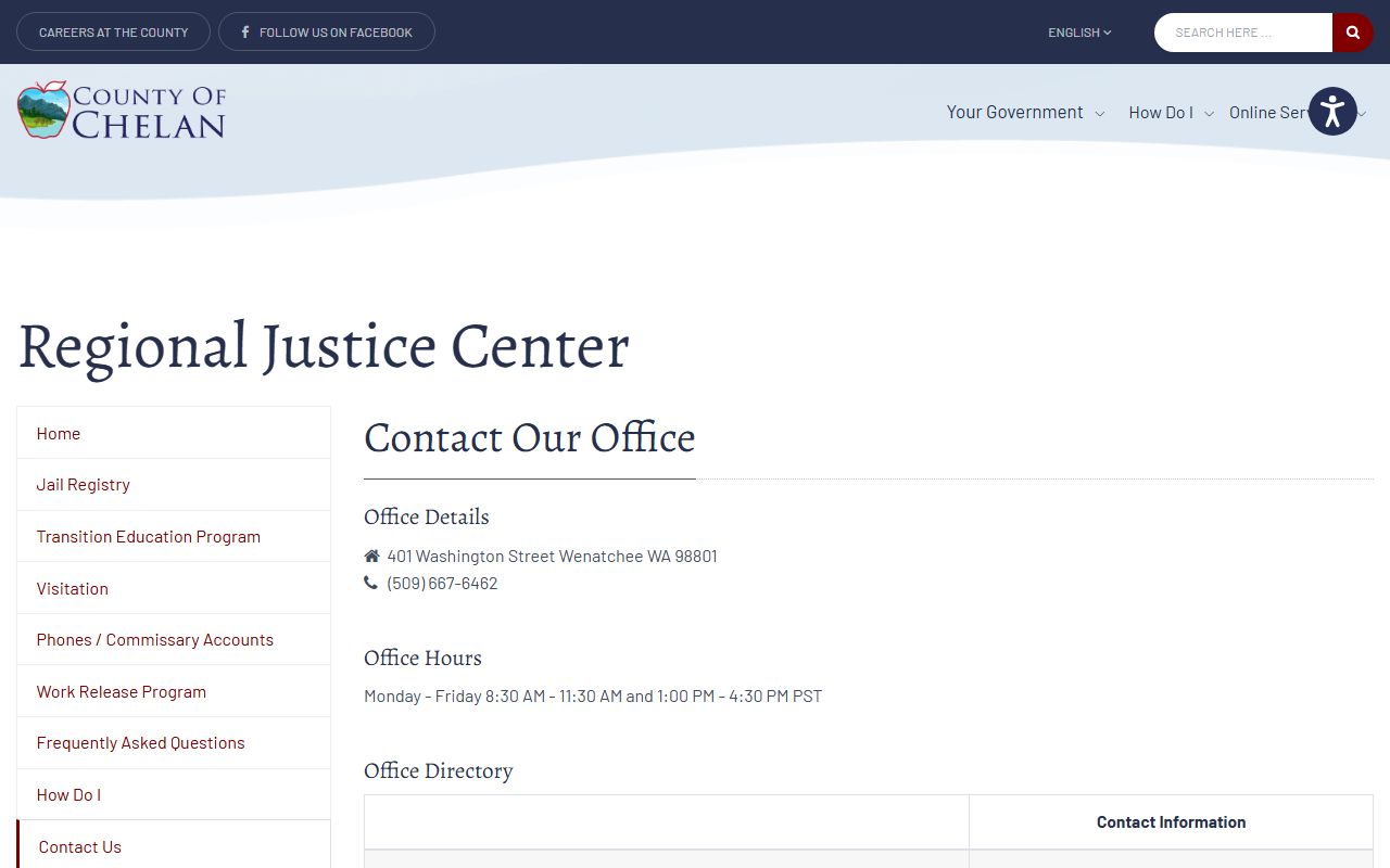 Chelan County Regional Justice Center contact page with jail address, booking numbers, records numbers, and lobby hours