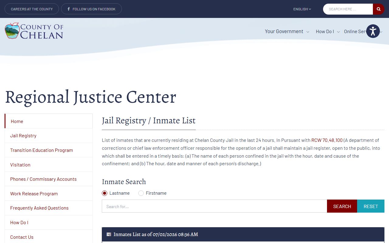 Chelan County inmate population current jail roster and VINE notification list