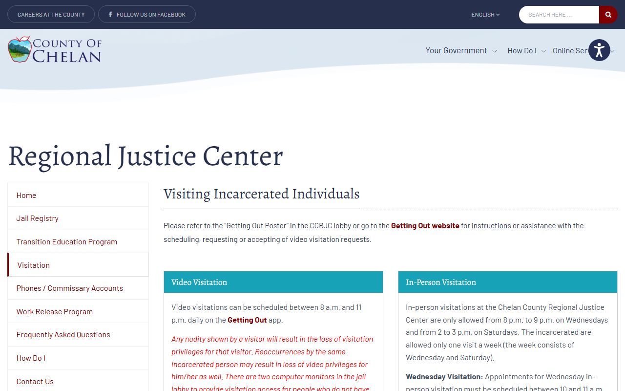 Chelan County jail visitation page with Wednesday and Saturday in-person visit rules