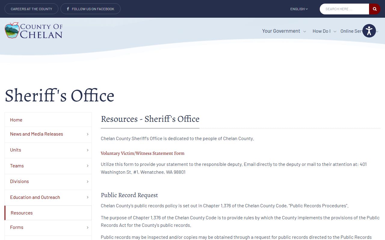 Chelan County Sheriff's Office public records request channels and request form link