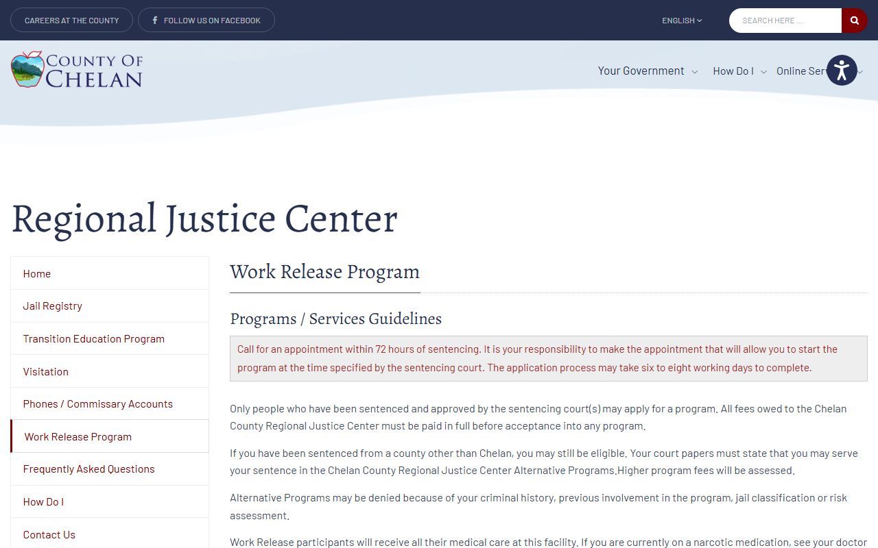 Chelan County work release alternative program fees and eligibility page