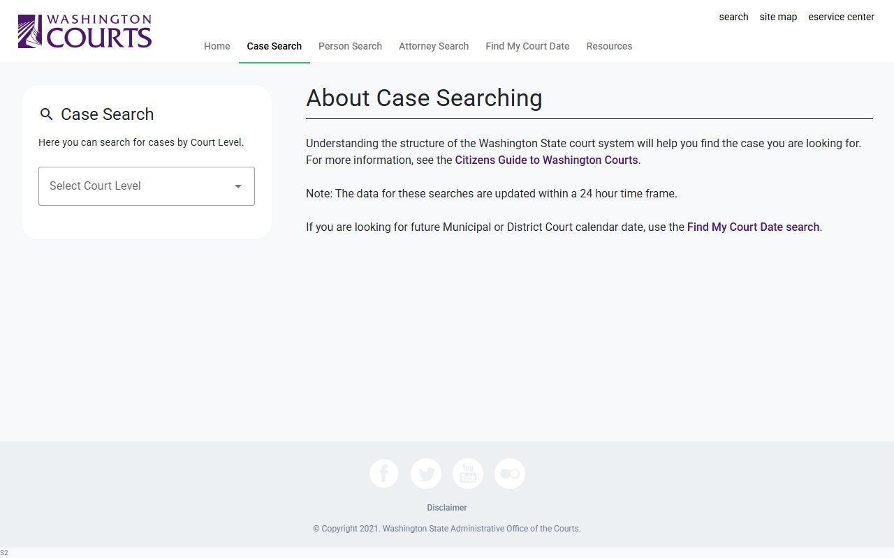 Washington Courts case search page with Chelan County court option and case type filters