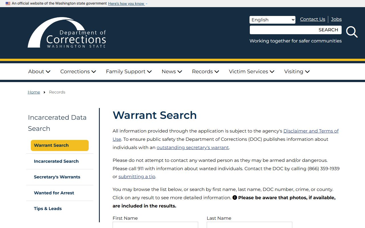 Washington DOC secretary warrant search with name, DOC number, crime, and county fields